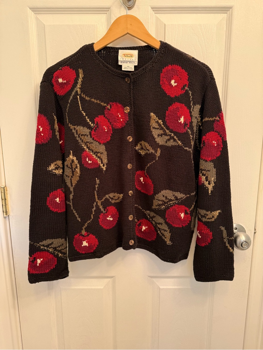 Vintage Talbots Chunk Knit Cardigan Sweater Black with Cherries Medium Petite - Picture 3 of 13